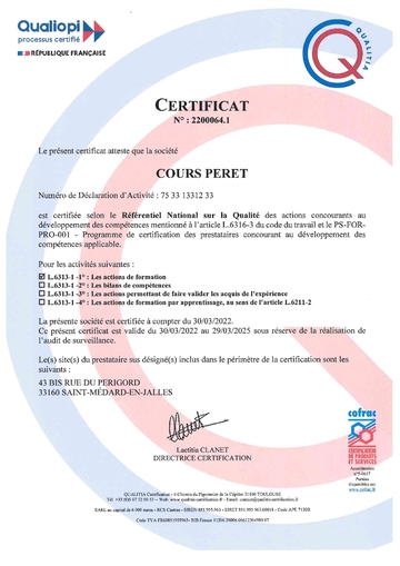 Cours Péret certifié Qualiopi selon le Référentiel National sur la Qualité, délivré le 30/03/2023.